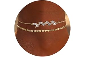 Foxgirl Gold Ankle Bracelets for Women,14k Gold Plated/Silver Anklets for Women Waterproof Layered CZ Leaf Beaded Cuban Chain Anklets Set Summer Beach Anklets for Women Teen Girls Gold Jewelry Gifts