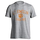 Clemson University Tigers Distressed Retro Logo Tiger Paw Ash Heather Short Sleeve T-Shirt (Ash Heather, L)
