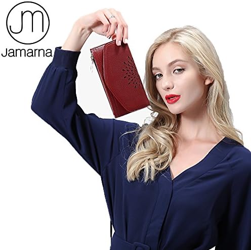 Genuine Full Grain Cow Leather Female Wallet Vintage Hollow out Purse Card&amp;ID Holder Mobile Phone Women Wallet (Wine Red)