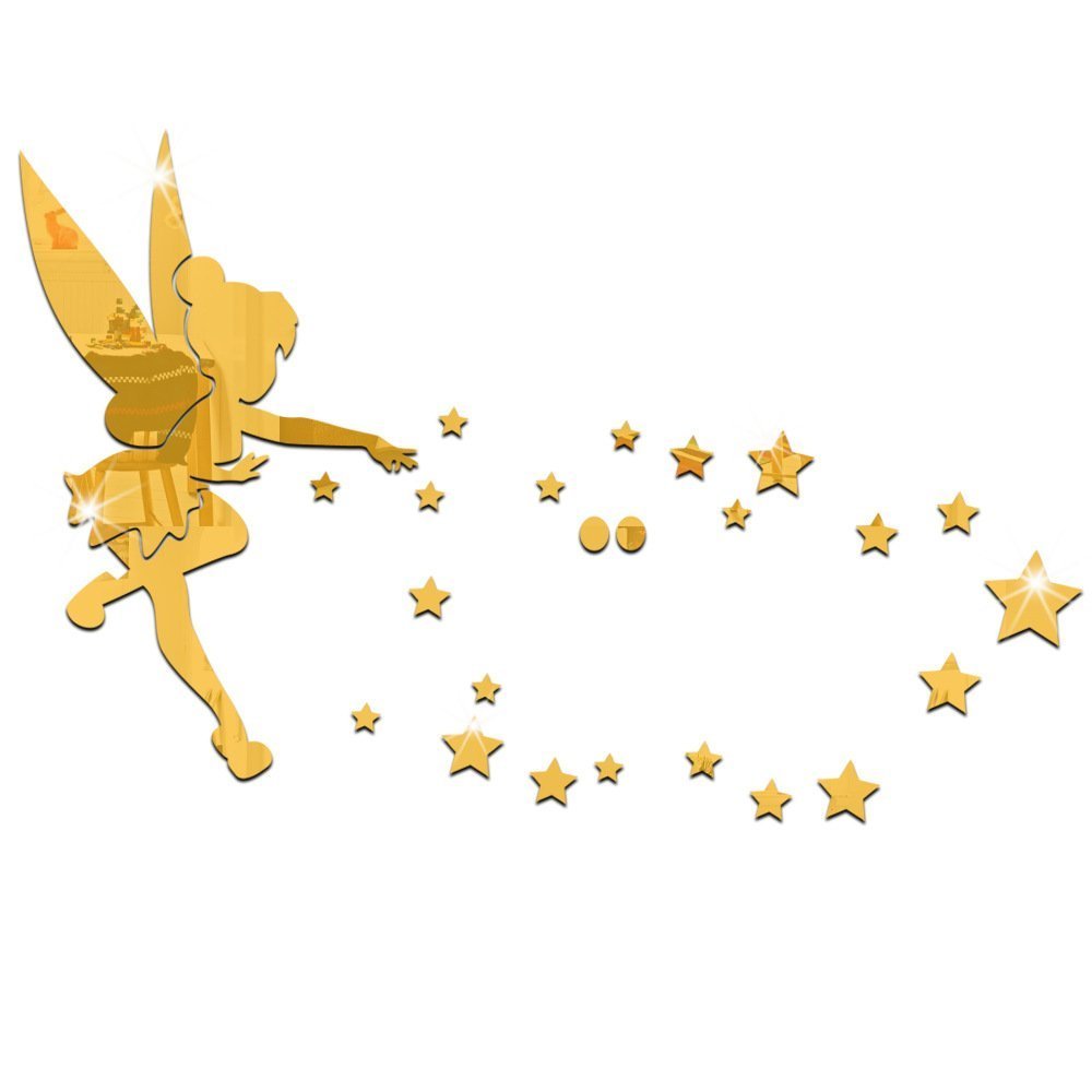 MEYA 26pcs/Set Tinkerbell Fairy Wall Mirror Acrylic Mirrored Decorative Tinker Bell Wall Stickers Home Decoration (Gold)