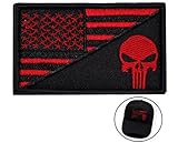 Tactical Morale Patch USA Flag Punisher Skull Patch Embroidered Velcro Hook Backing Military Emblem(Red + Black1)