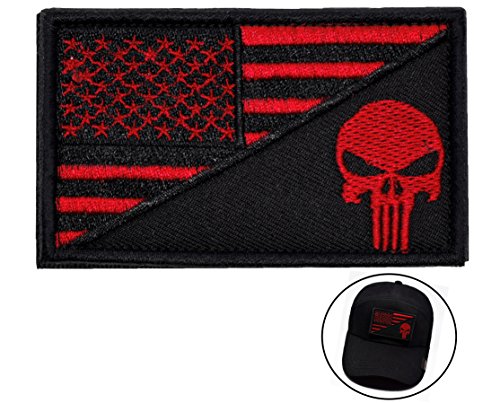 Tactical Morale Patch USA Flag Punisher Skull Patch Embroidered Hook&Loop Fastener Backing Military Emblem(Red + Black1)