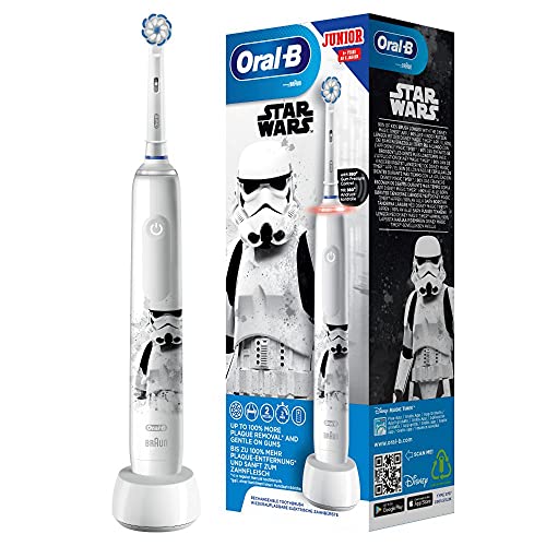 Oral-B Junior Star Wars Elektrische Zahnbürste für Kinder ab 6 Jahren, 360°-Andruckkontrolle, weiche Borsten, 2 Putzprogramme inkl. Sensitiv, Timer, weiß