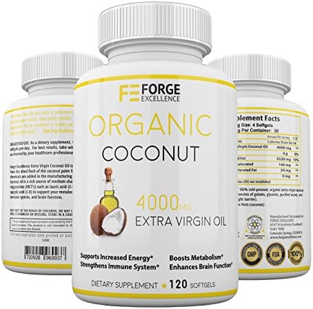 Forge Excellence - Extra Virgin, Pure, Unrefined Coconut Oil Dietary Supplement - GMO Free & FDA Approved - Boosts Your Energy, Metabolism, Brain Function & Immune System–Made in USA–120 Softgels