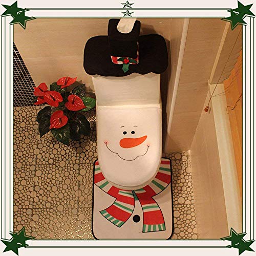 Auoinge Snowman Toilet Seat Cover and Rug Set, Christmas Bathroom Decoration Cute 3D Nose Plush Felt Lid Cover Tank Cover Rug, Set of 3 (Snowman)