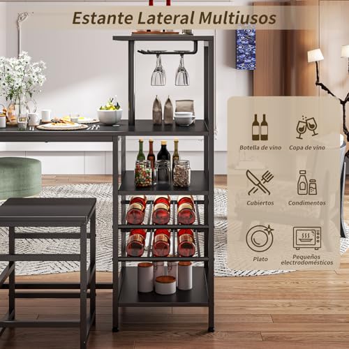 SIMPLE ESPACIO Barra de Cocina,Desayunador Tiene Seis Capas de Espacio de Almacenamiento,Mesa de Bar,Comedor Viene con Dos Sillas,con Estante para Copas Vino,Adecuado para Cocina y Bar(Negro)
