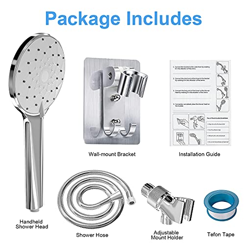 High Pressure Handheld Shower Head - 6 Spray Settings Hand Held Shower with 59\'\' Stainless Steel Hose, Adjustable Overhead Bracket and Wall Bracket, Built-In Power Wash Function