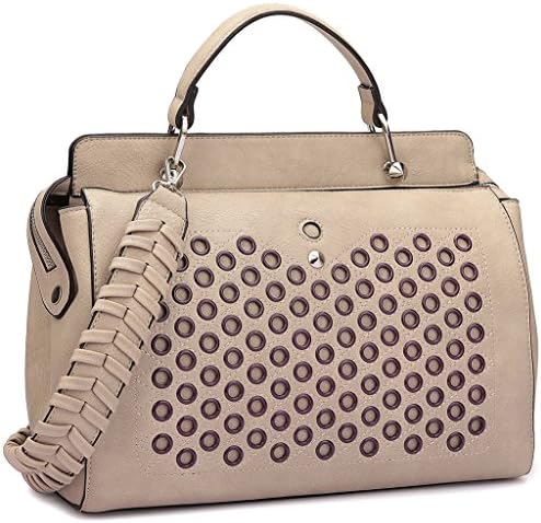Dasein Faux Leather Satchel Handbag with Fashion Designer Holes and Weave Shoulder Strap for Women