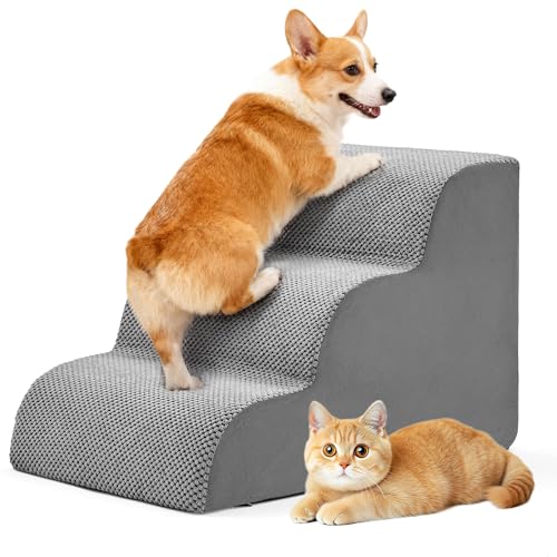 DUMOS Dog Stairs for Small Dogs and Cats, 3-Step Curved Pet Dog Steps, Grey