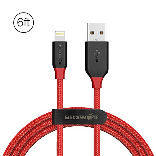 Lightning Cable Apple MFI Certificado, BlitzWolf 1.8m Lightning Cable Nylon Trenzado Apple Cargador con Correa de Velcro para iPhone 6S Plus 6 Plus 7 Plus 5 5S 5C SE, iPad Pro Air, iPad Mini 2 3 4, iPod (Rojo y Negro)