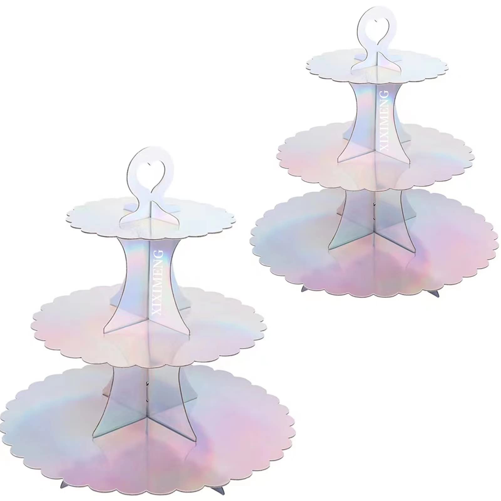 XIXIMENG 2 PACK Cardboard Cupcake Stand 3- Tier lace edge Dessert Stand, Cardboard Cupcake Stand (A-Colorful Silver)