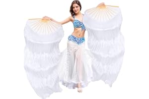 AUMULEN Women 1 Pair Hand Made Silk Belly Dance Fan Veils Long Bamboo Fan for Dancing