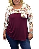 Urban Rose Womens Plus-Size 3/4 Ruched Sleeve Colorblock Top,3X,Ivory Floral/Solid Burgundy