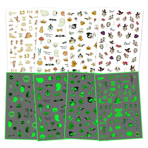 Partywind Glow Halloween Nail Stickers for Kids Girls, Glow Self-Adhesive Halloween Nail Decals for Nail Art Decorations, Nail Wrap Design with Pumpkin (6 Sheets)