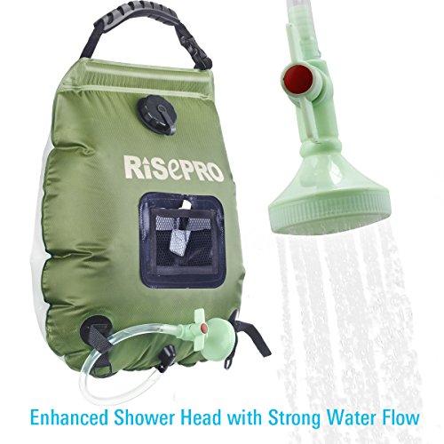 RISEPRO Solar Shower Bag, 5 gallons/20L Solar Heating Premium Camping Shower Bag Hot Water with Temperature 45Â°C Removable Hose on/Off Switchable Shower Head Hiking Climbing Summer Shower K8