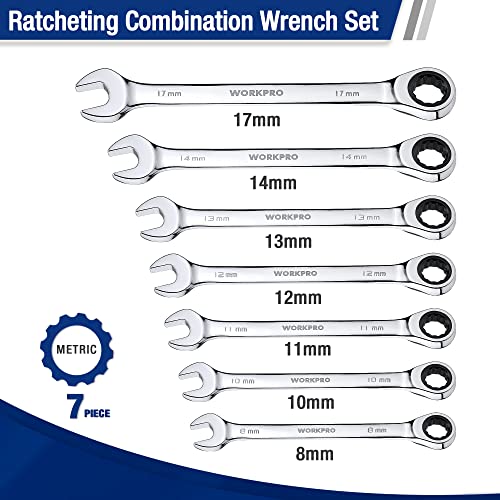 WORKPRO 7-Piece Ratcheting Combination Wrench Set, 72 Teeth, CR-V Combo Ratchet Wrenches Set with Roll Up Pouch, Metric 8mm-17mm