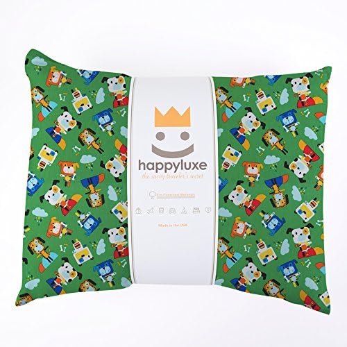 HappyLuxe Expedition Travel Pillow and Pillowcase for Kids, Machine Washable and Hypoallergenic. For Toddlers, Airplane, Car, Camping, Sleepovers, 13 x 18, 100% Cotton, Made in the USA, Bot Dog