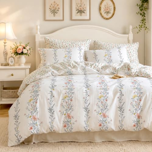 Lanqinglv Bettwäsche 155x220 Blumen Blätter Weiß Bunt,ÖKO-TEX Zertifiziert