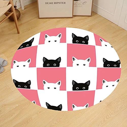 Gzhihine Custom round floor mat Cats Chess Board Design with Cute Kittens Feline Baby Kitty Animals Pets Retro Mosaic Bedroom Living Room Dorm Black White Pink