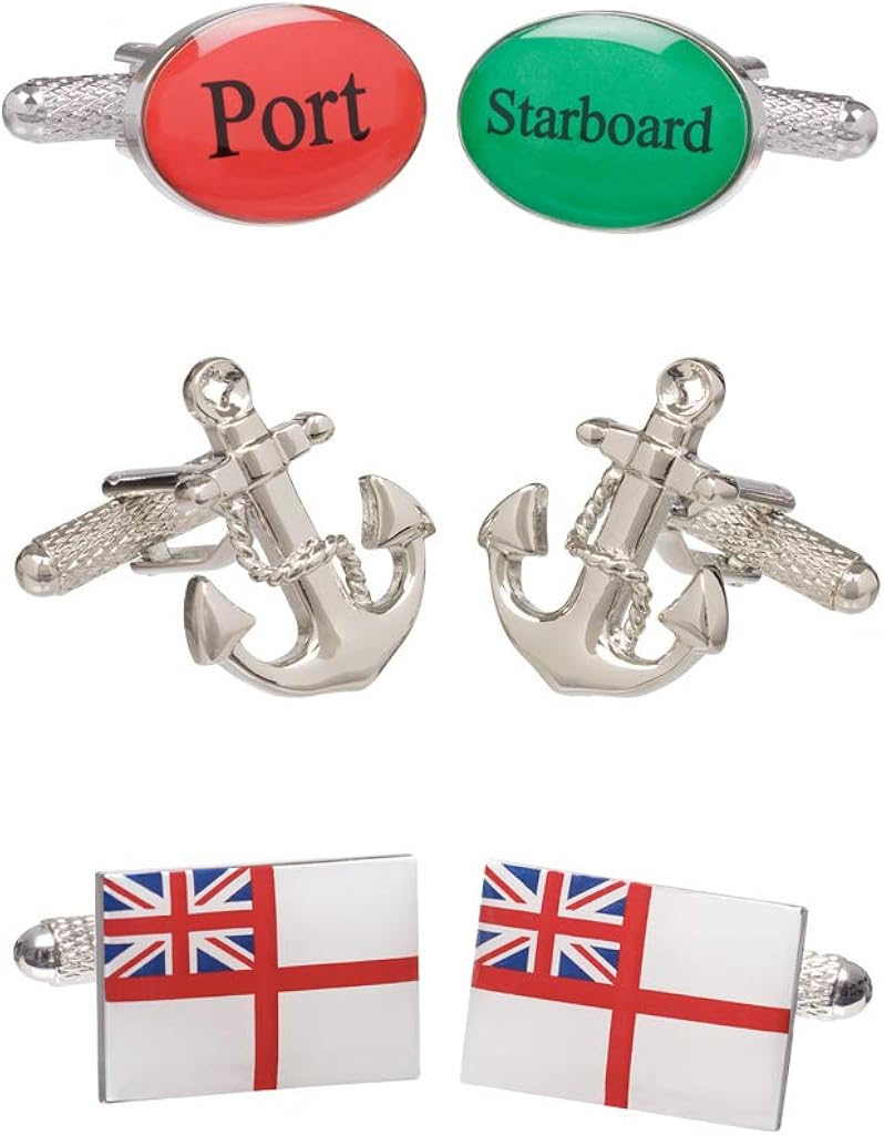 Set of 3 works of Mens Royal Navy Nautical Themed Cufflinks Including a Pair of Port and Starboard Cufflinks White Ensign Flag Cufflinks and Ships Anchor Cufflinks Presented in a Cufflink Gift Box