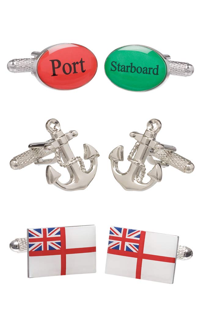 Set of 3 Pairs of Mens Royal Navy Nautical Themed Cufflinks Including a Pair of Port and Starboard Cufflinks White Ensign Flag Cufflinks and Ships Anchor Cufflinks Presented in a Cufflink Gift Box