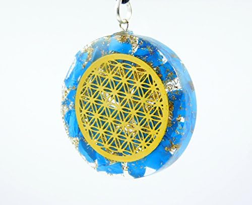 Orgone Necklace Crown Heart Chakra Reiki Power Real Turquoise Crystals with Flower Of Life Gold Plated Tuned 528Hz with 24Kt Gold Flakes and 18" Wax Cotton Cord with BUNDLE Gift Box + Lace Pouch