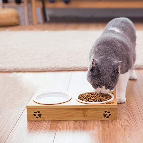Legendog Cat Bowls, Elevated Dog Cat Bowls, Fashion Cat Ceramic Bowl with Bamboo Stand, Cat Food Water Bowl, Pet Bowls for Cats and Small Dogs
