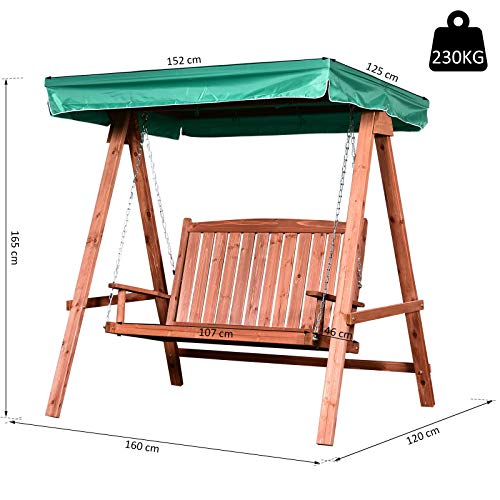 Outsunny Gartenschaukel für 2 Personen, Hollywoodschaukel, Schaukelbank mit Dach, Massivholz, Grün, 160 x 120 x 165 cm – Bild 8
