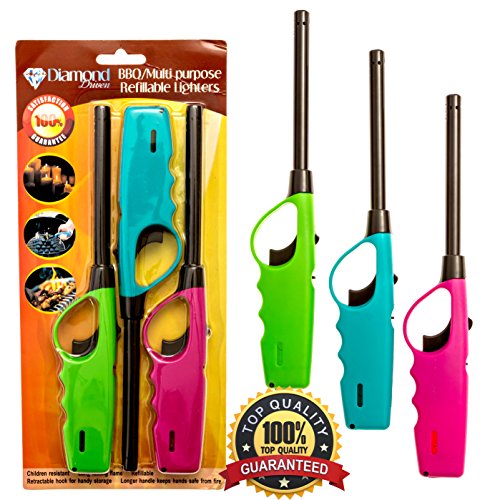 Diamond Driven Multi Utility BBQ Lighter Refillable Assorted Colors Firestarter for Kitchen Camping Grilling BBQ Home Adjustable Flame with Safety Lighters. Ready to use. Child Resistant {Upgrade (3)