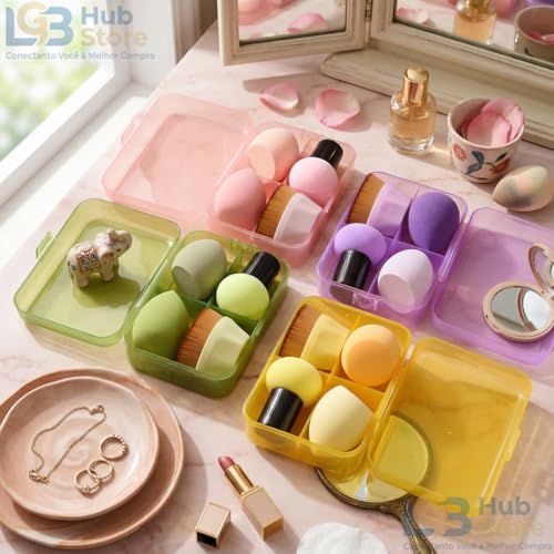 Kit Esponja e Pincel de Maquiagem Profissional com Estojo Kabuki Hexagonal Esponjas Gota 3D e Cogumelo para Base Corretivo Contorno Pó Blush Iluminador Acabamento Natural
