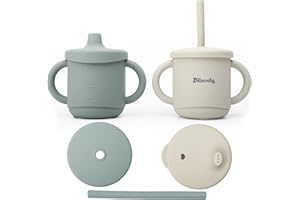 Dilovely Silicone Sippy Cup for Toddler, Transition Straw Cups for baby 12 months +, Unbreakable Kids Cups 3 in 1, 2 Pack Dishwasher & Microwave Safe, BPA Free 7oz Green