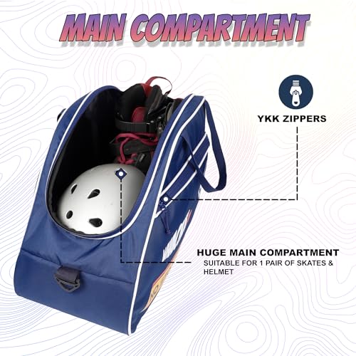 WHACKK Skating Equipment Bag|Gym Sports Quad Ice Skates Kitbag|Travel | Easy Access Pocket|2 Bottle Holders|Compartment Fits in Helmet & Skates 11" (Roller Navy, M) 4