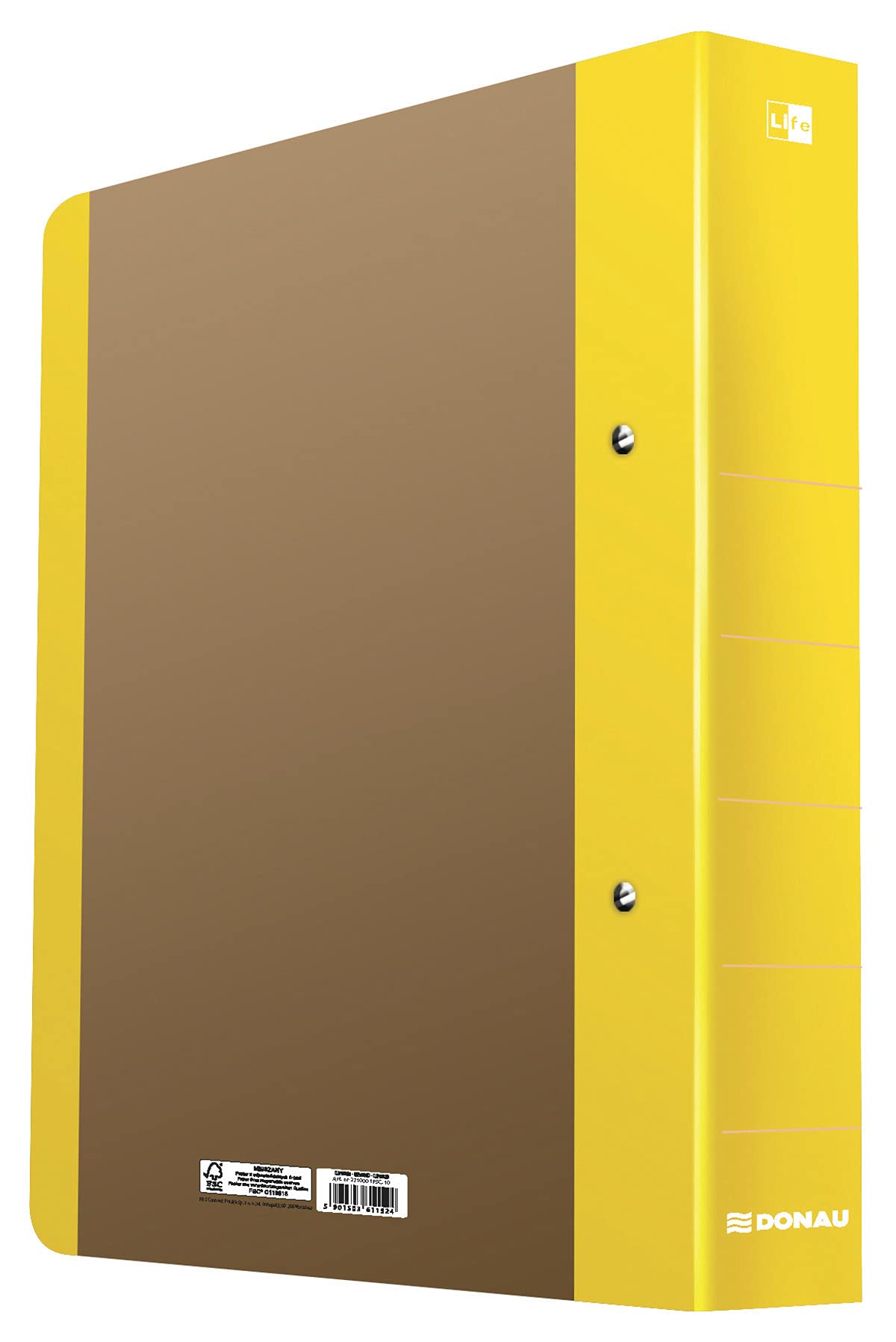 Ring Binder DONAU Life A4/2RD/50mm Yellow/Document Archiving/Type-A4 / 2RD / 50mm / Material-Cardboard/Reinforcement Strip-No Slat Edge/Label-No Label/Colour-Yellow/Format-A4