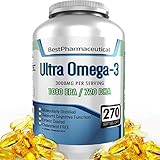 Best Pharmaceutical Omega 3 Fish Oil Supplement (270 Soft Gel Pills -50% More!) 3000mg Extra Strength - 1080 EPA /720 DHA - Fatty Acids, Cholesterol Free Vitamins - Molecularly Distilled - Burpless