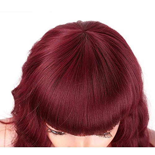Short Bob Wig With Bangs Red Natural Wave Synthetic Wig Heat Resistant Fiber Wig Wet And Wavy 14 Inch Shoulder Wig With Bangs