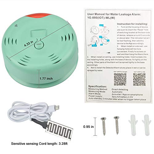 Smart Wi-Fi Water Alarm, Water Leak Detector with Sensor Cable 80dB Loud Sound, Warning Light and iOS App (Push Message,Ring) Overflow Flood Leakage Alert for Water Heater Sink Basement Sump Pump