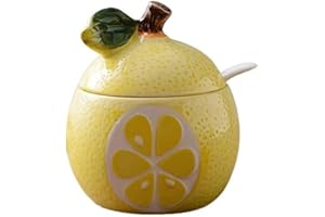Ceramics Fruit Shaped Sugar Bowl Salt Pot Pepper Storage Jar with Lid and Spoon Seasoning Box Condiment Pots (Yellow Pomelo)