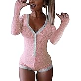 Roselux Women's Sexy Deep V Neck Shorts Long Sleeve Knitted One Piece Bodysuit Sexy Pajama Onesie Bodycon Rompers Overall