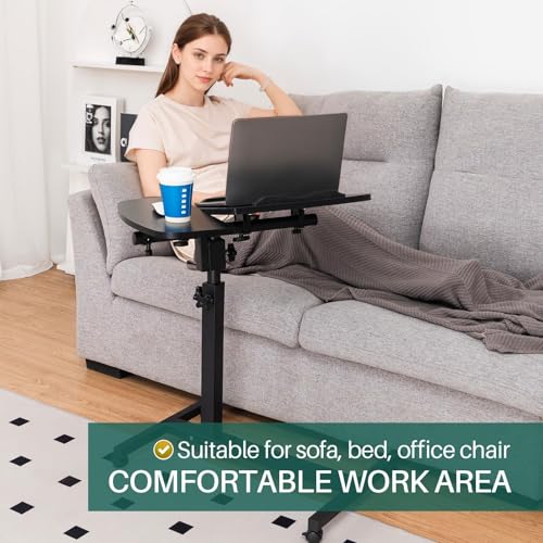 ZERIFAM Movable Computer Desk with Wheels, Adjustable Overbed Table, Tilting Desktop, Rolling Laptop Desk for Bed, Sofa, Or Hospital Use, Mobile Standing Desk for Laptop, Notebook, And Meals (BLACK)