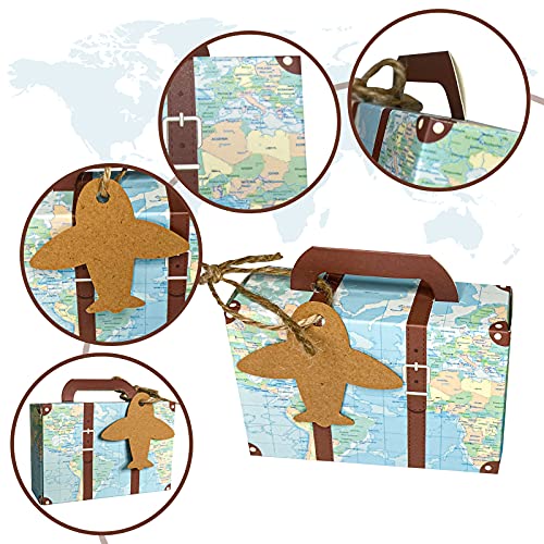 CHolic 50Pcs Party Favor Candy Box, World Map Mini Suitcase Favor Box, Vintage Kraft Paper with Tags and Burlap Twine for Travel Themed Party, Bridal Shower, Wedding Decorations
