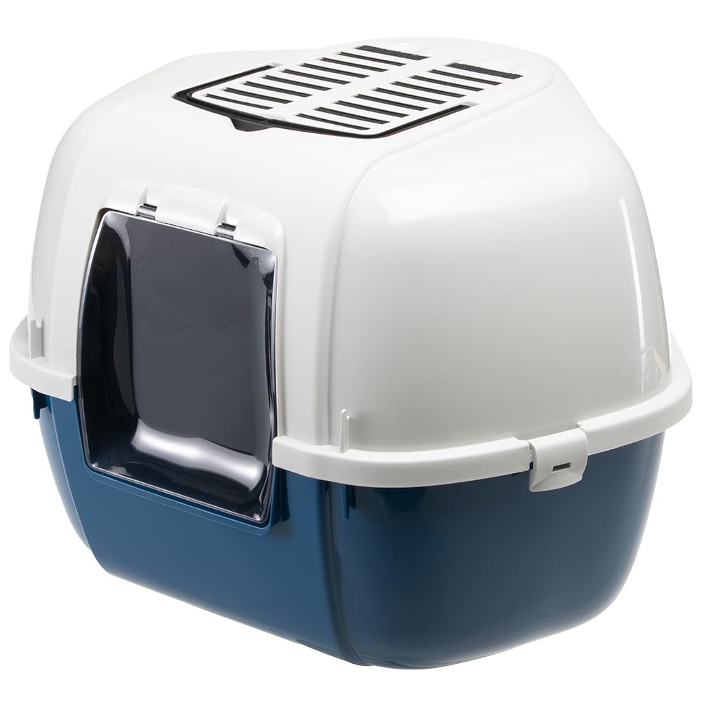Ferplast Corner Cat Litter Box, Cat Litter Tray, 2 Anti-odor Activated Carbon Filters Included, Darkened Swing Door, 57.5 x 51.5 xh 42 cm, MIKA Large Litter Tray, Blue