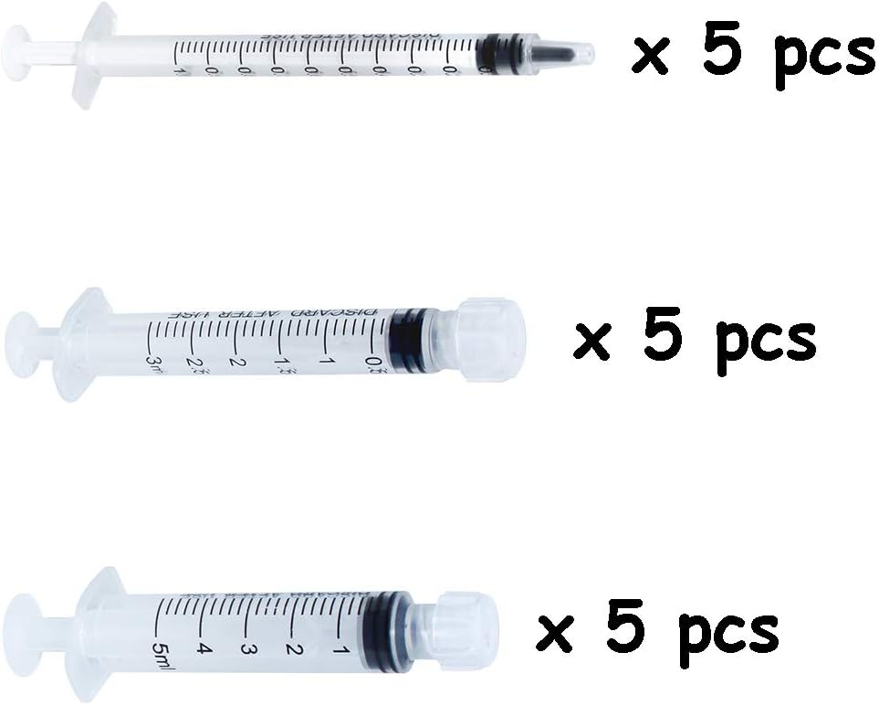 1ml, 3ml, 5ml Syringe Pack Without Needles, 1cc, 3cc, 5cc Glue Applicators with Luer Lock Tip Caps, Non-Sterile for Injecting Oil Glue Lubrification (Pack of 15)