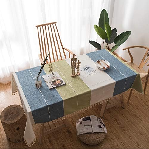 CottBelle Cotton Linen Tablecloth for Rectangle Tables, Embroidery Tassel Heavy Weight Table Cloth Wrinkle Free Table Cover for Kitchen Dinning Tabletop Decoration(55''x86'', Blue/Green/Ivory)