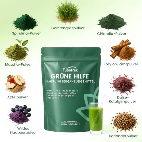 Green Detoxification Powder, 200 g Green Superfood Helper Powder, Vegan Greens Powder Helper Mix with Matcha, Barley Grass, Blueberries, Rich in Macronutrients, Micronutrients & Fibre