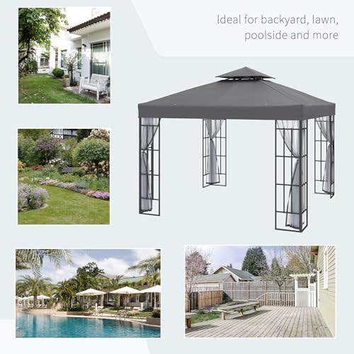 Outsunny 10'x10' Garden Gazebo Patio Canopy Portable Party Event Backyard w/Mosquito Netting Grey