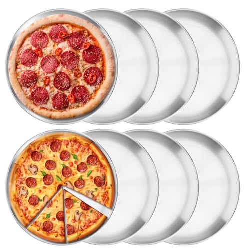 HOFURME 8 Pcs 9 Inch Pizza Pans Bulk Stainless Steel Sets Round Bakeware Pizza Trays for Oven Kitchen Baking Home Restaurant Safe Sturdy Reusable (Silver)