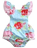 Baby Girls' Full Flower Print Buttons Ruffles Romper Bodysuit with Headband (100(18-24M), Blue(no headband))