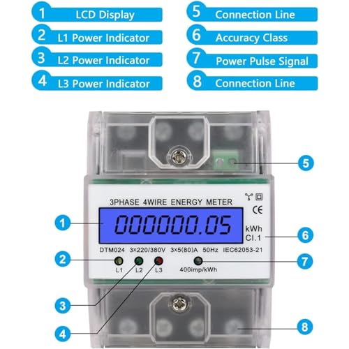 LiebeWH Medidor de Potencia Trifásico Pantalla LCD Digital Medidor de Energía 220/380V 5-80A