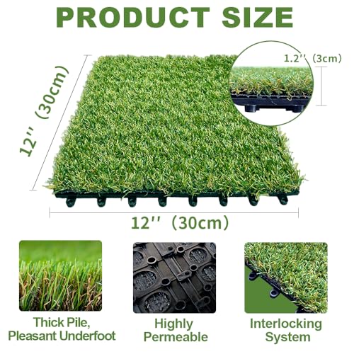 Qingbei Rina Artificial Grass Tiles Interlocking, 9 Packs Fake Grass Turf Outdoor Rug for Dogs Potty Pet, Natural Realistic 0.9m x 0.9m