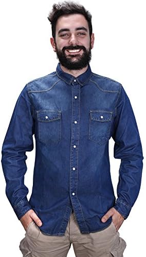 Finrosy Men's Denim Shirts Fashion Long Sleeve Slim Fit Button Down Shirt Rugged Wear Basic Two-Pockets Work Shirt(Dark Blue,2XL)